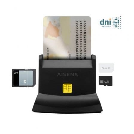 AISENS LECTOR DE TARJETA DNI CON LECTOR DE TARJETAS SD + SIM USB-C, NEGRO
